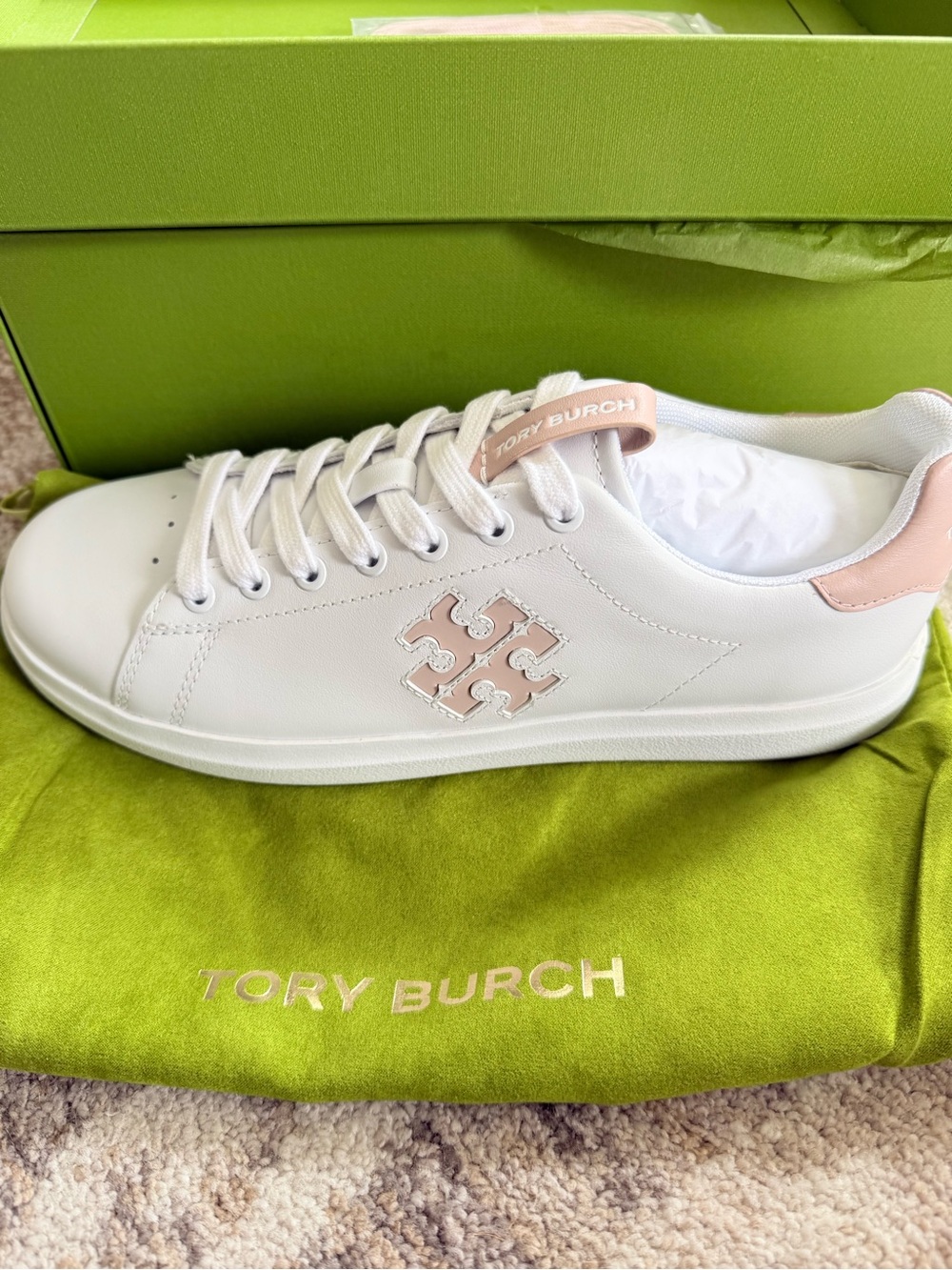 Tory Burch White Leather Sneakers with Pale Pink Trim